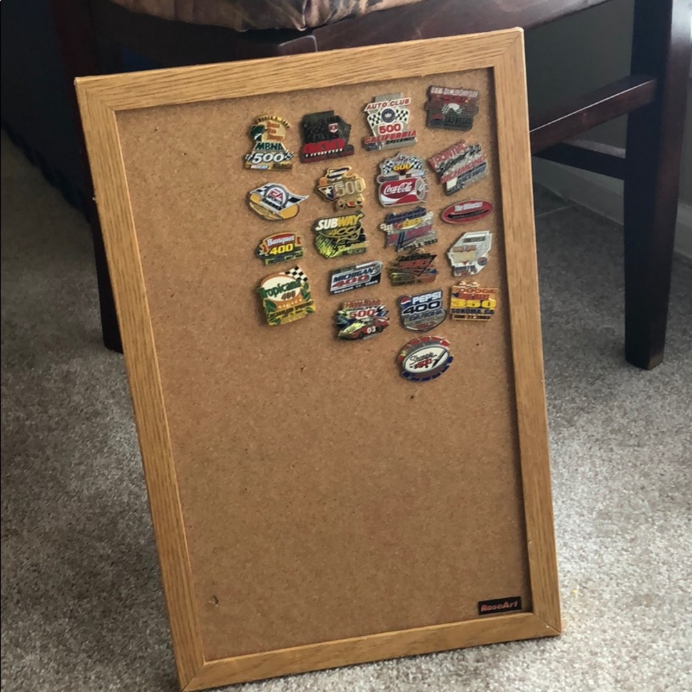 Board with nascar collectible pins attached